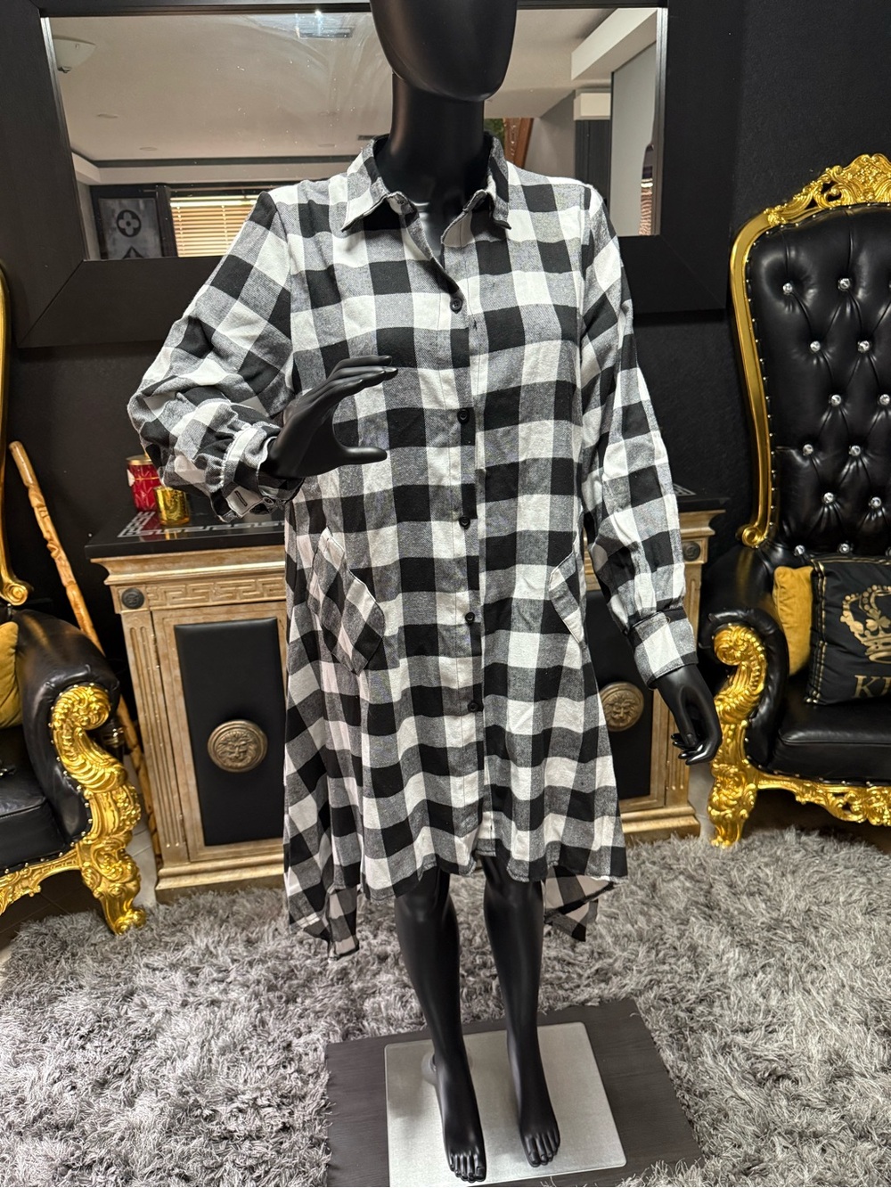Black & White Check Button-Front Shirt Dress - Women